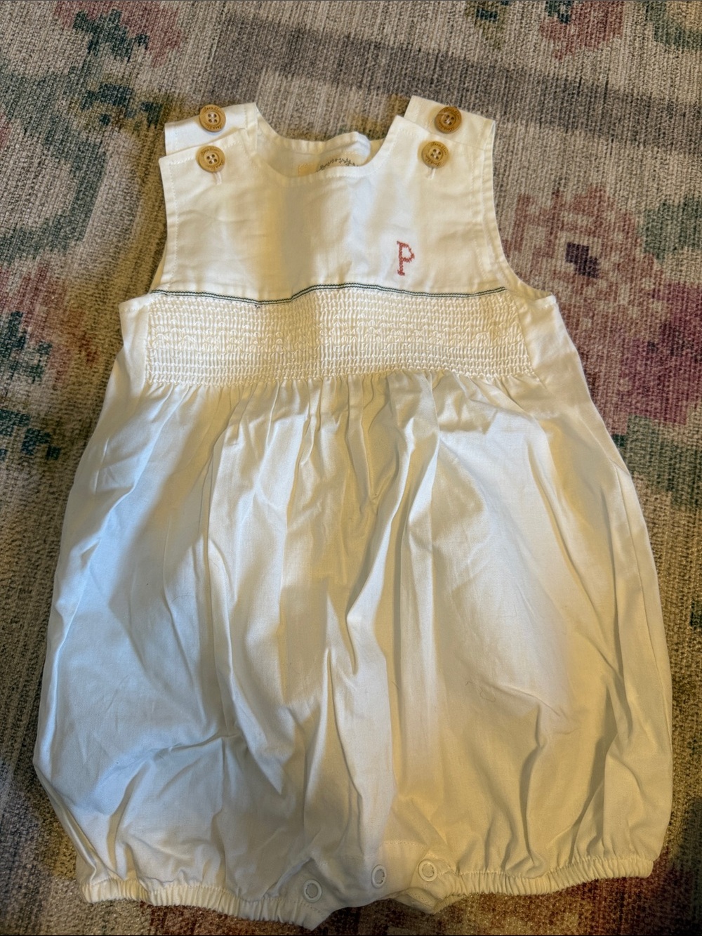 White Smocked Baby Bubble Romper with Wooden Buttons